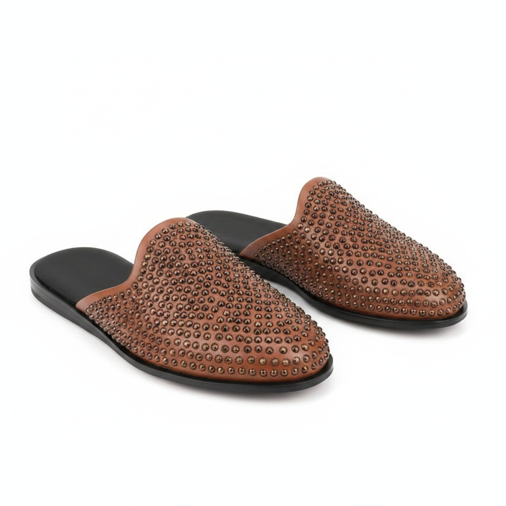 Men's brown all-over studded half-shoe mule ghost mannequin view