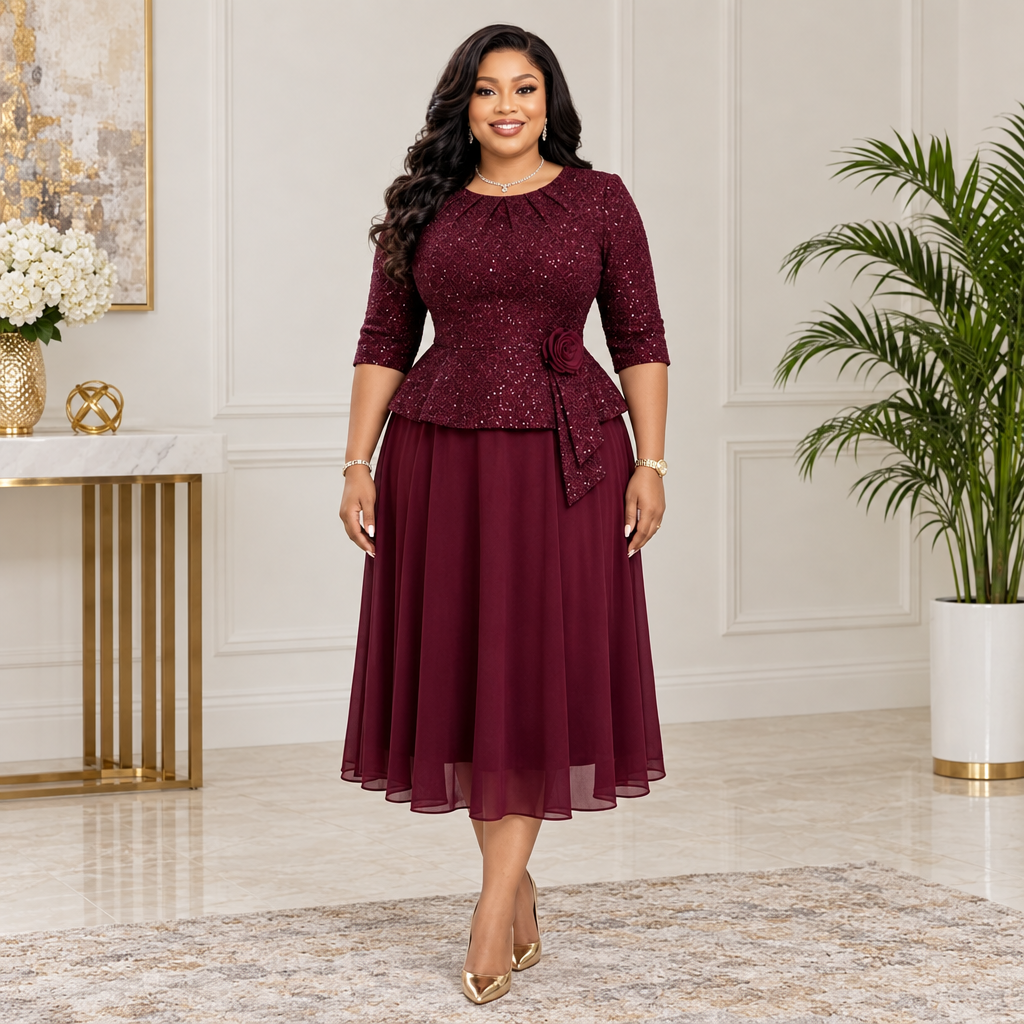 Black Nigerian woman wearing burgundy sparkle peplum occasion dress