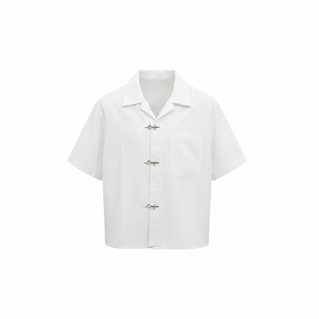 Men's white camp collar shirt with silver hook-clasp fasteners – ghost mannequin front view