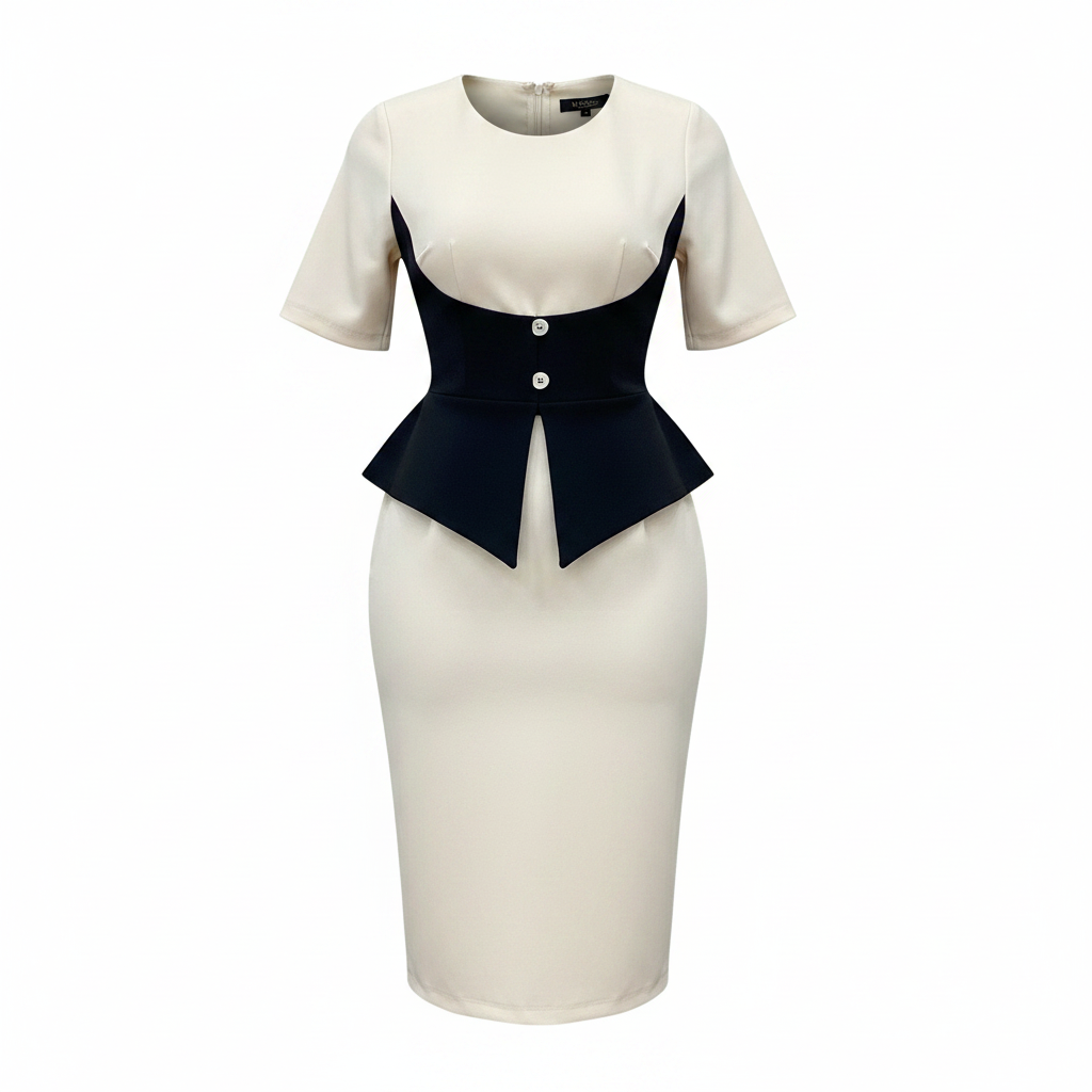 Ghost mannequin view of Women's Cream & Black Corset-Panel Short-Sleeve Bodycon Midi Dress