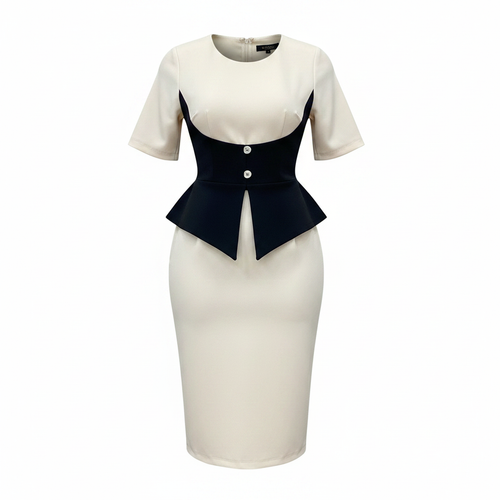Ghost mannequin view of Women's Cream & Black Corset-Panel Short-Sleeve Bodycon Midi Dress
