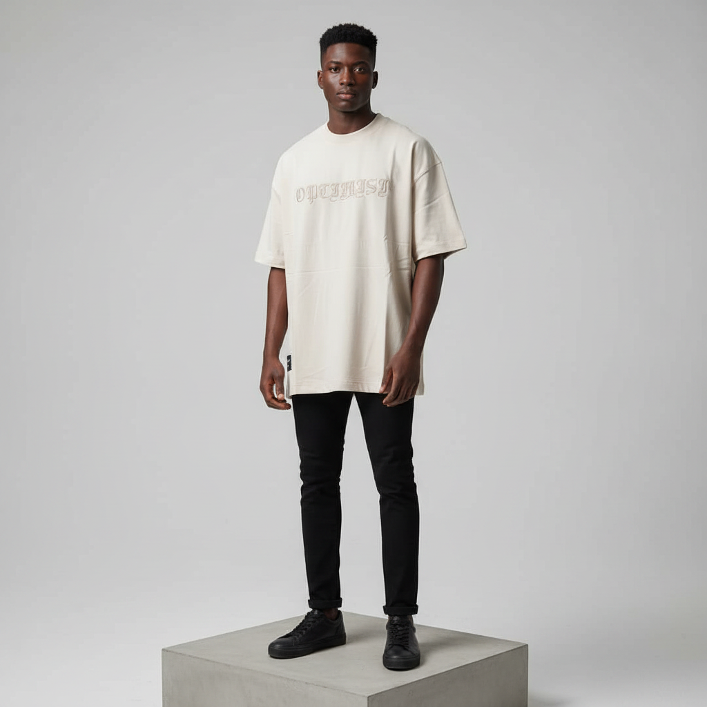 Cream Embroidered Round Neck Short-Sleeved Shirt - Model Shot