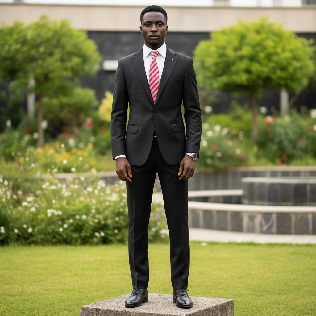 Nigerian male model wearing men's jet black 2-piece single-breasted formal suit, garden setting
