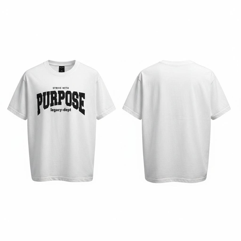 Men's white short-sleeve collegiate slogan tee ghost mannequin front and back view