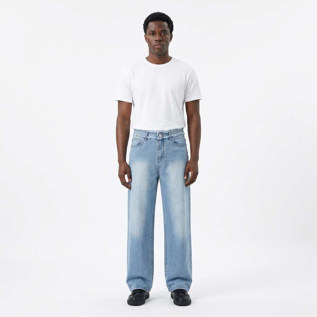 Full-body male model wearing light-blue frayed-waist wide-leg jeans