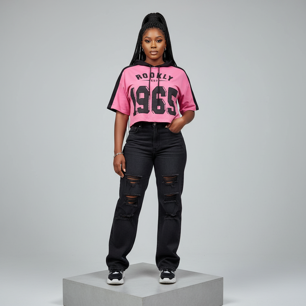 Pink Graphic Crop Hoodie - Model Front