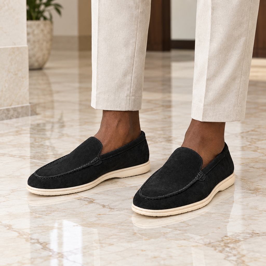 Man wearing black suede summer walk loafers
