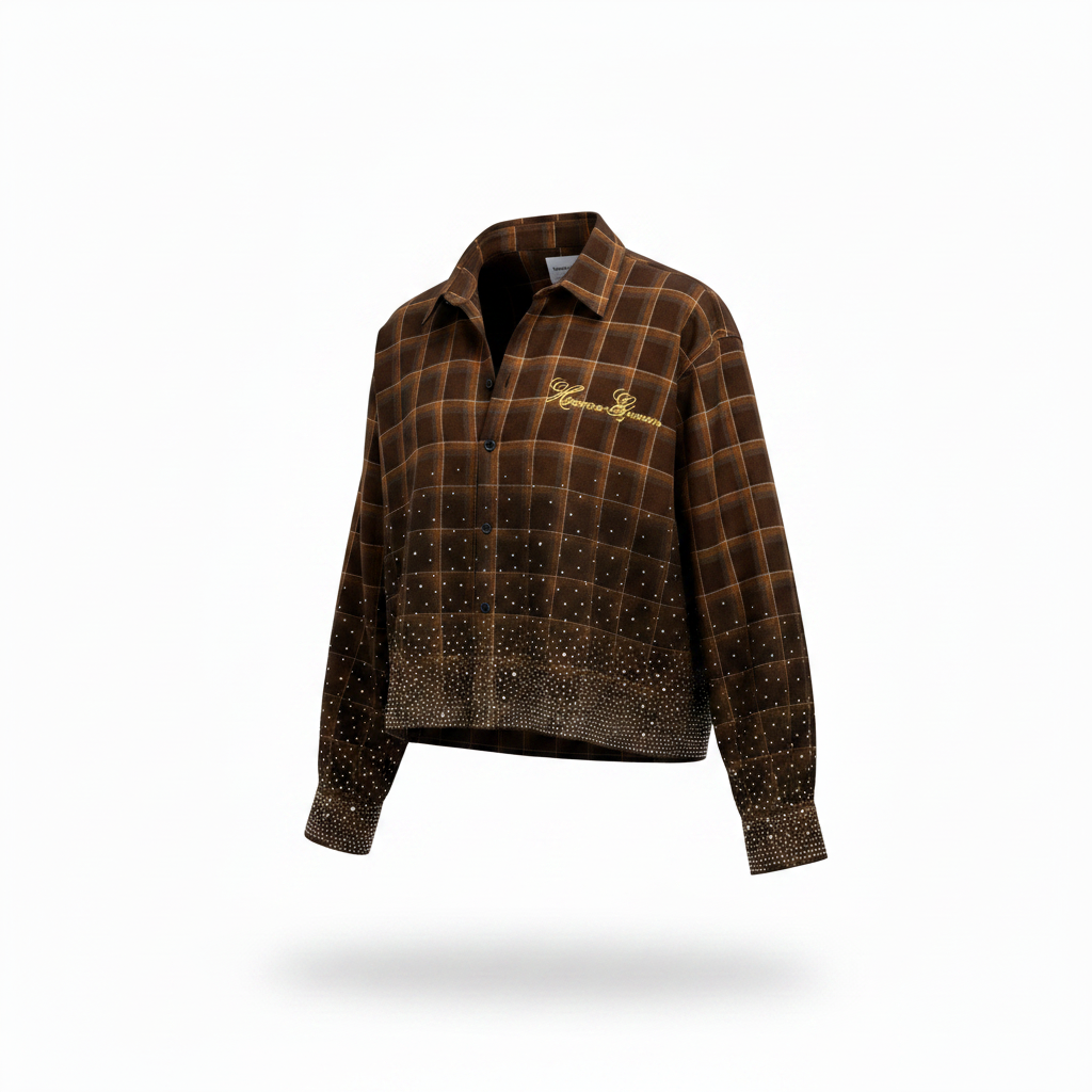 Brown checkered crop shirt with crystal studs shown in worn shape on a white background