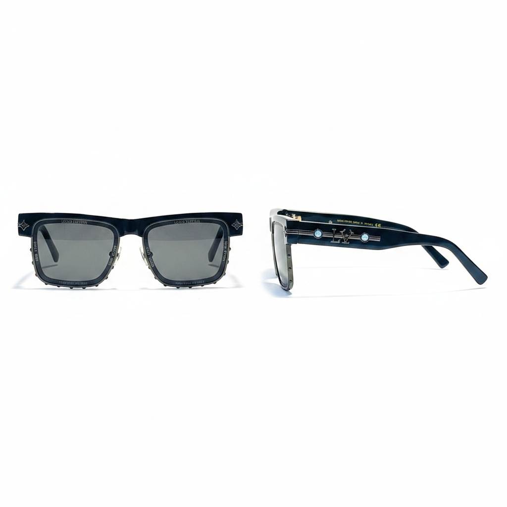 Square Half-Rim Sunglasses Navy Silver – Ghost Mannequin Front and Side View