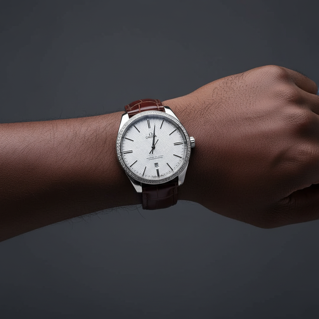 Nigerian man wearing silver diamond bezel Omega style dress watch with white waffle dial and brown leather strap, wrist close-up