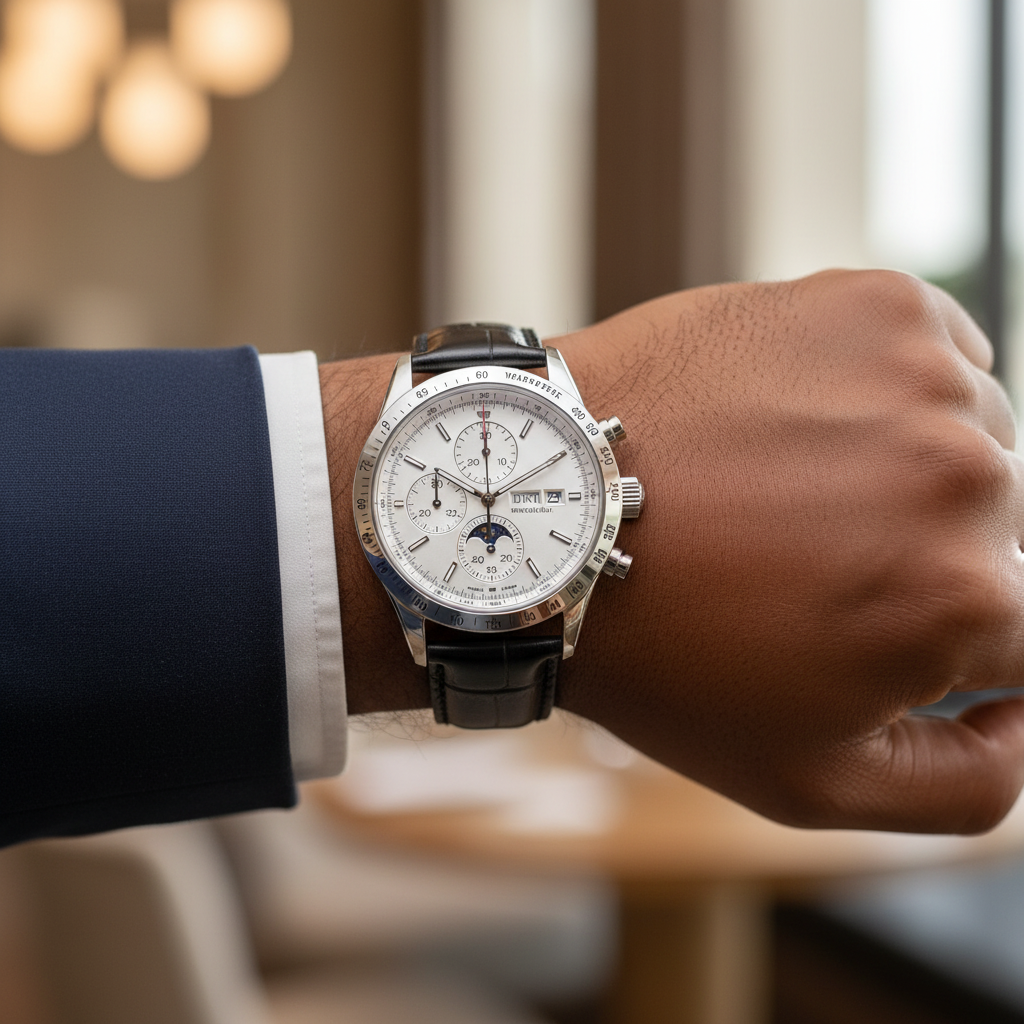 Men's silver steel chronograph moon phase watch worn on Nigerian male model wrist — black leather strap lifestyle wrist shot