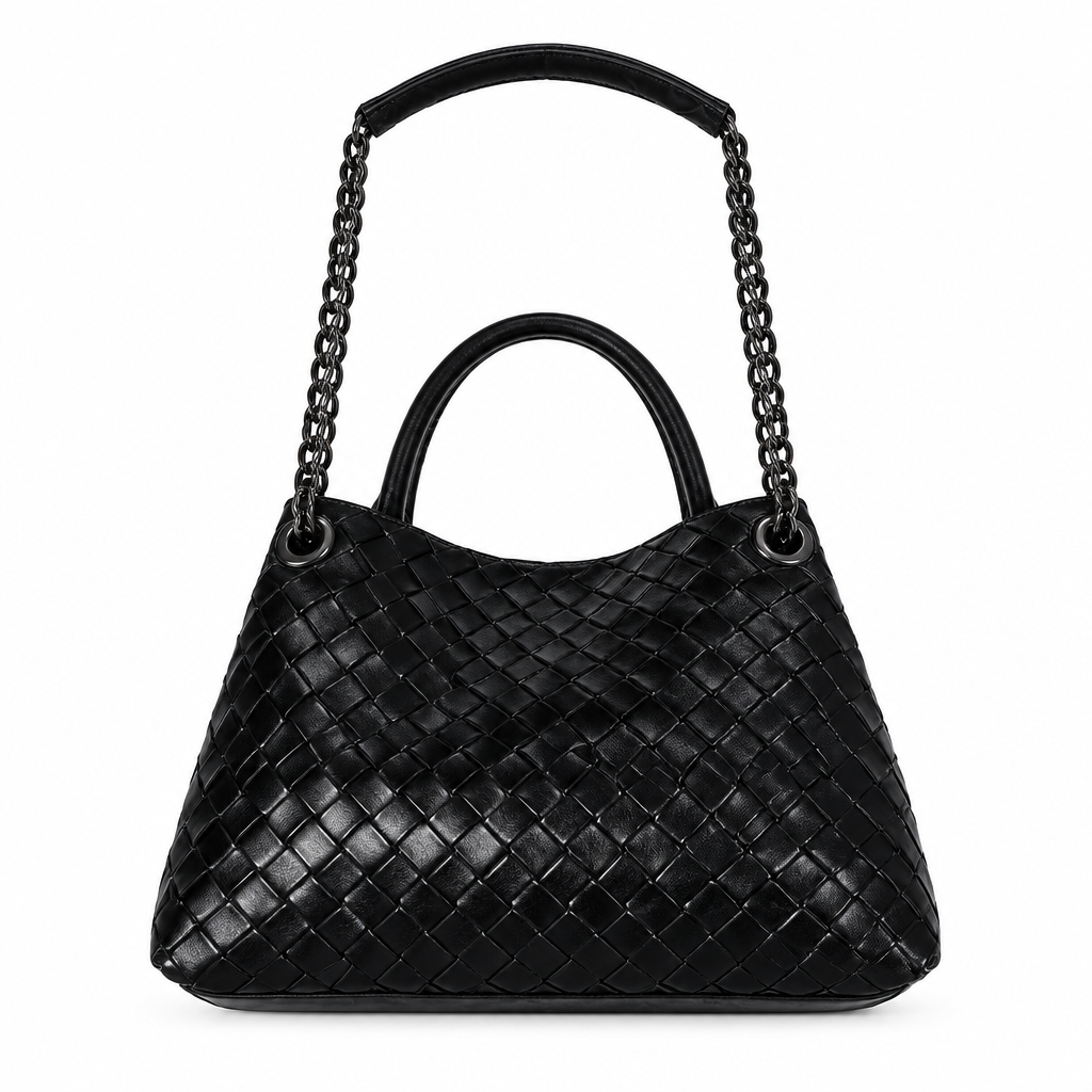 Black woven-effect handbag with chain strap on white