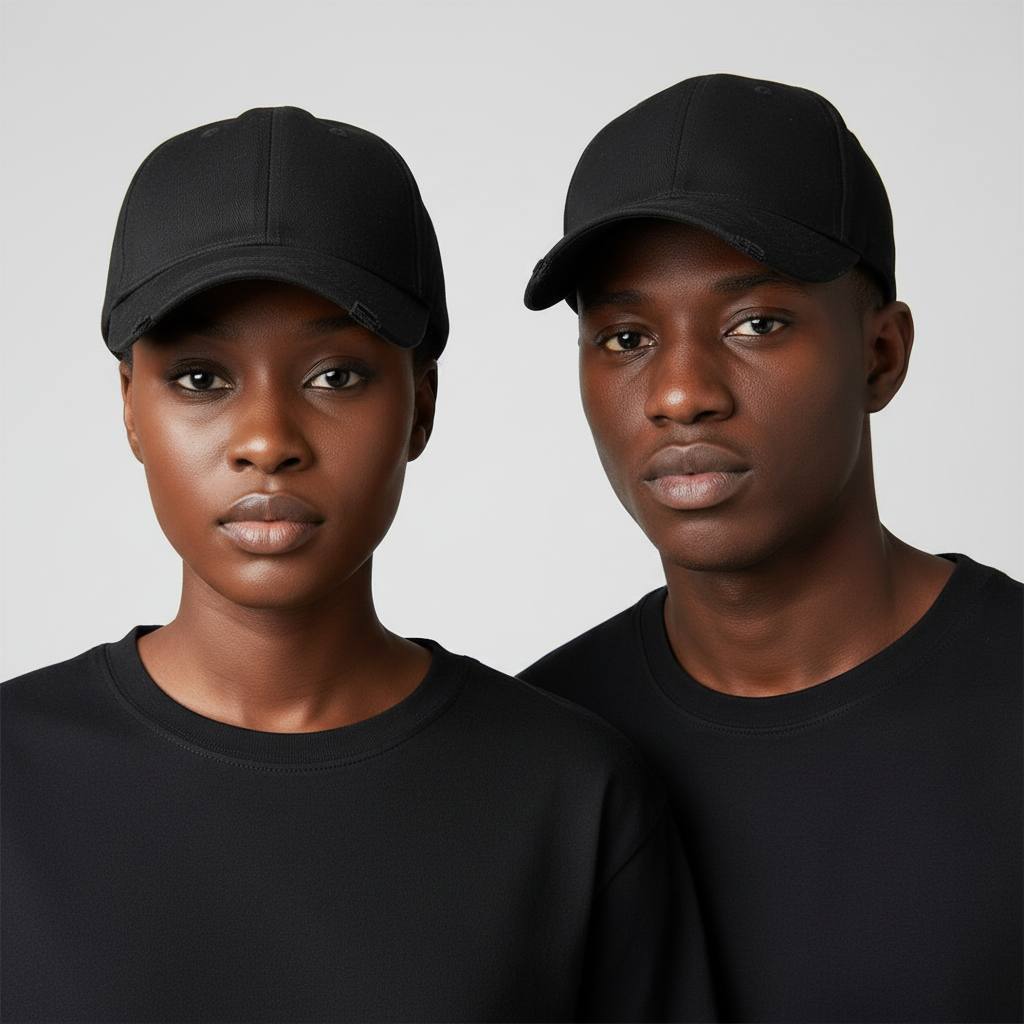 Nigerian female and male models wearing plain black distressed baseball cap