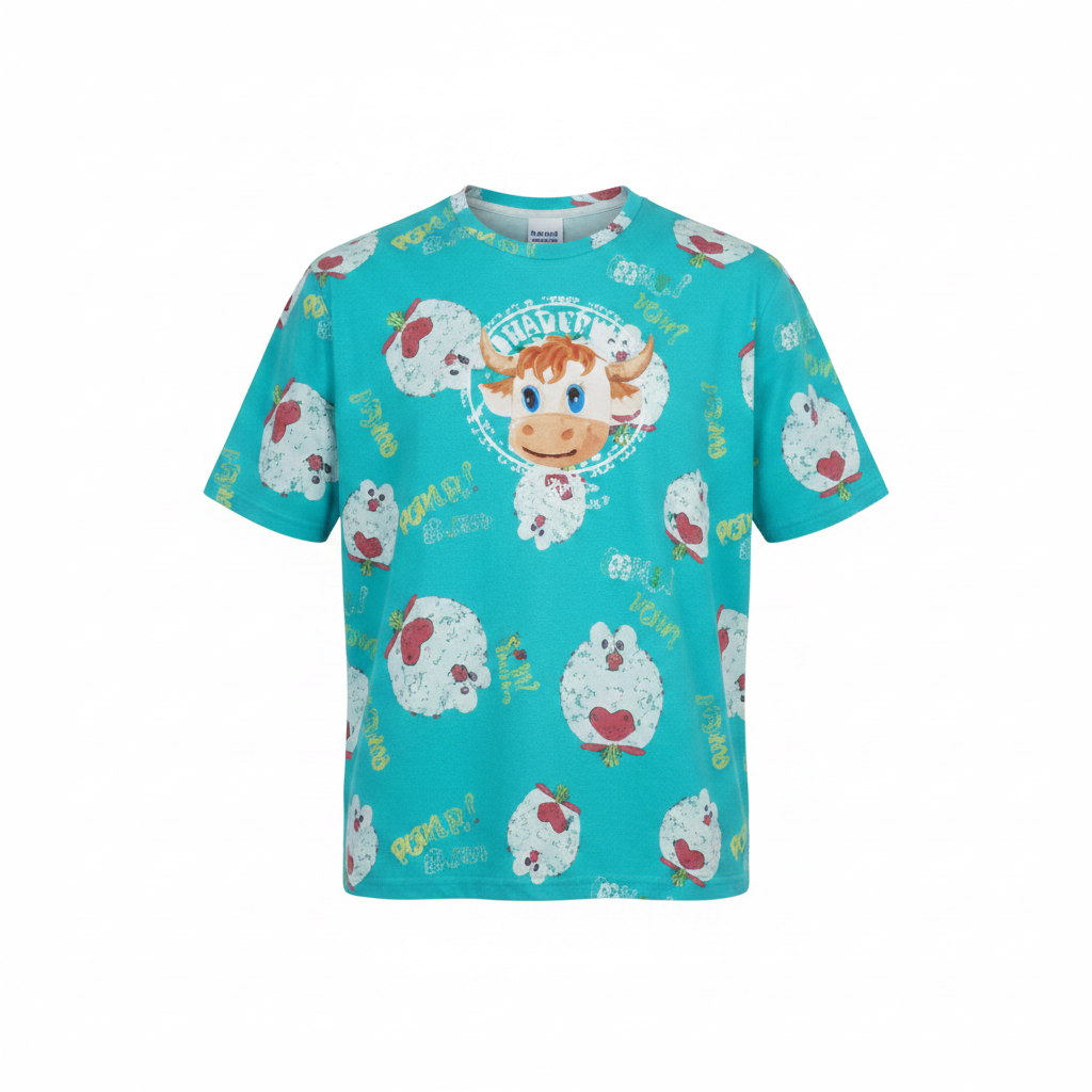 Teal Floral Cow All-Over Print Graphic Tee - Ghost Mannequin