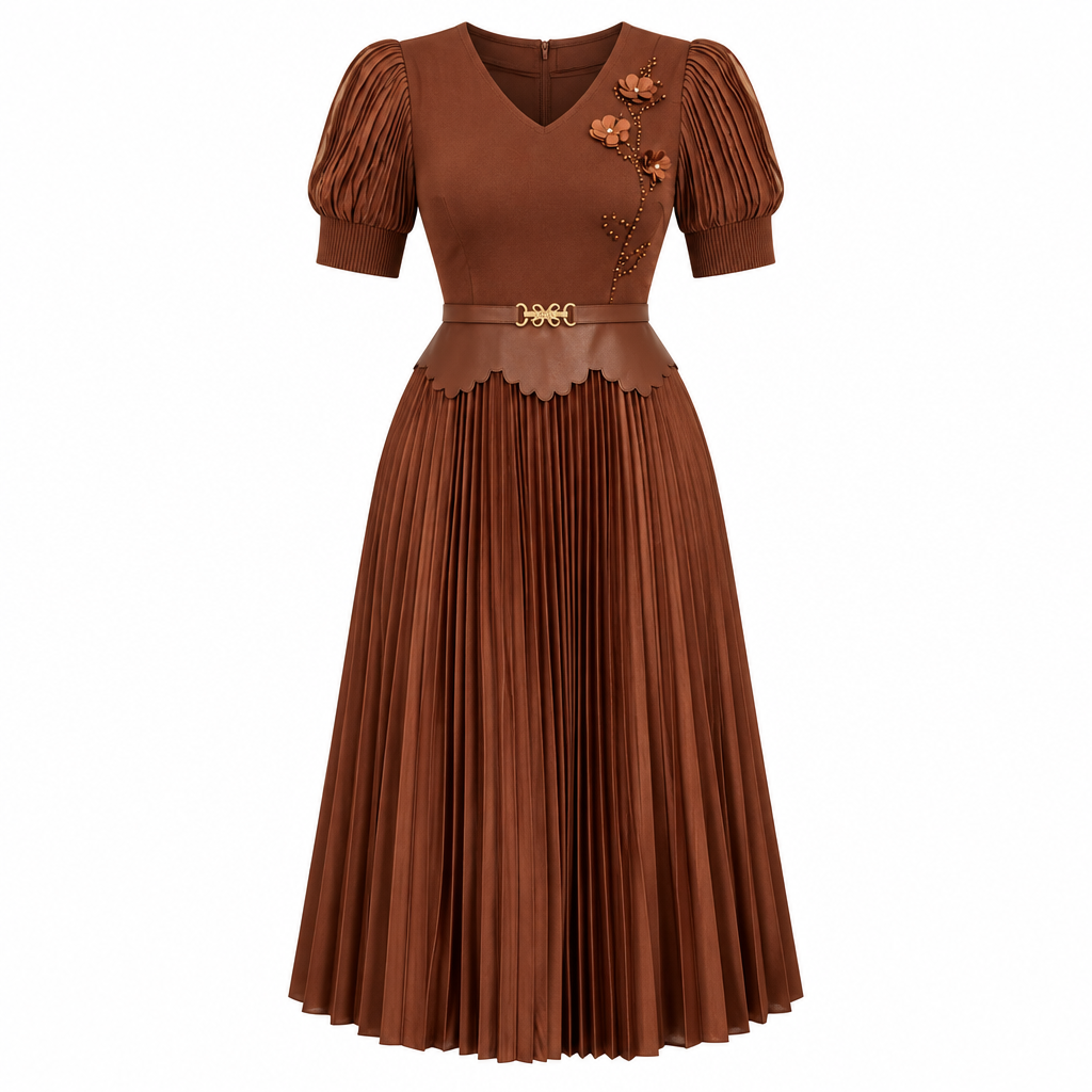 Cocoa-brown pleated dress with floral detail on white background