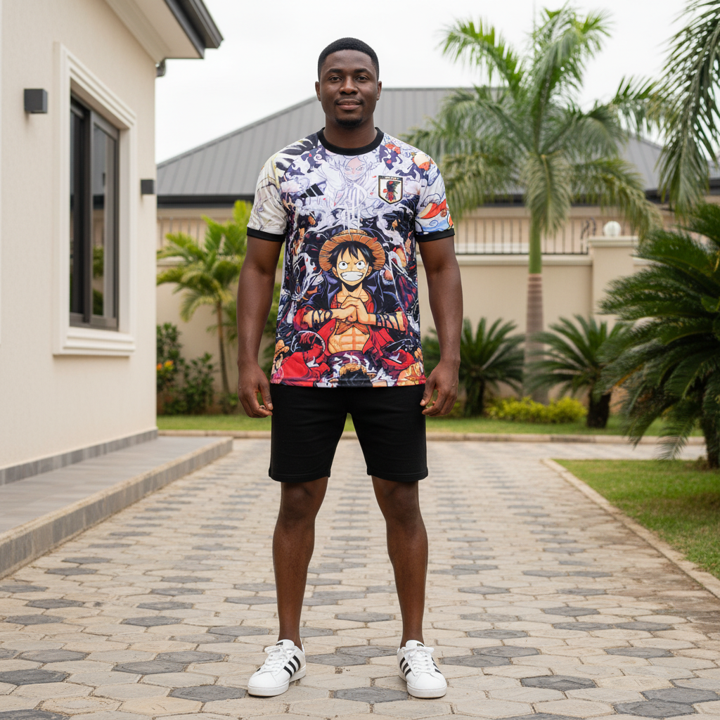 Nigerian male model wearing white anime character collage football jersey front view