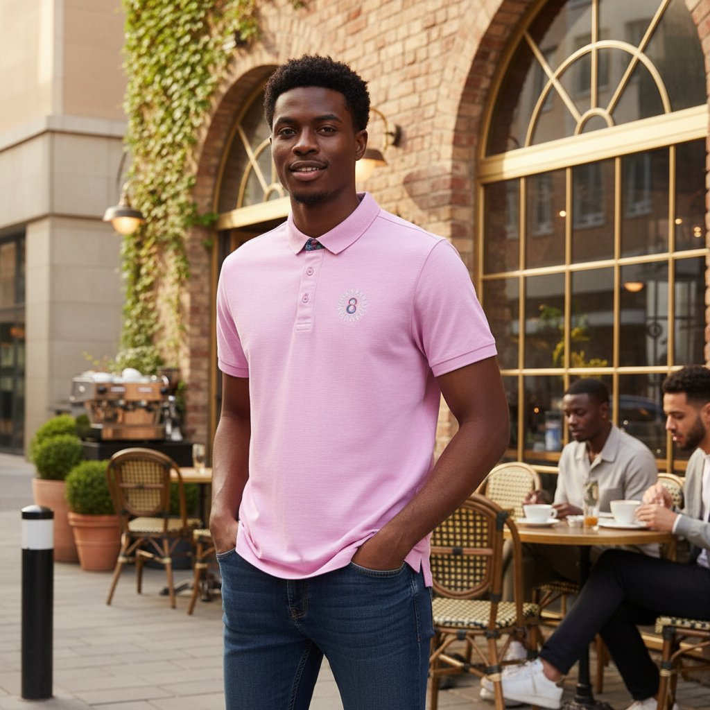 Pink Floral Collar Polo – Model Shot
