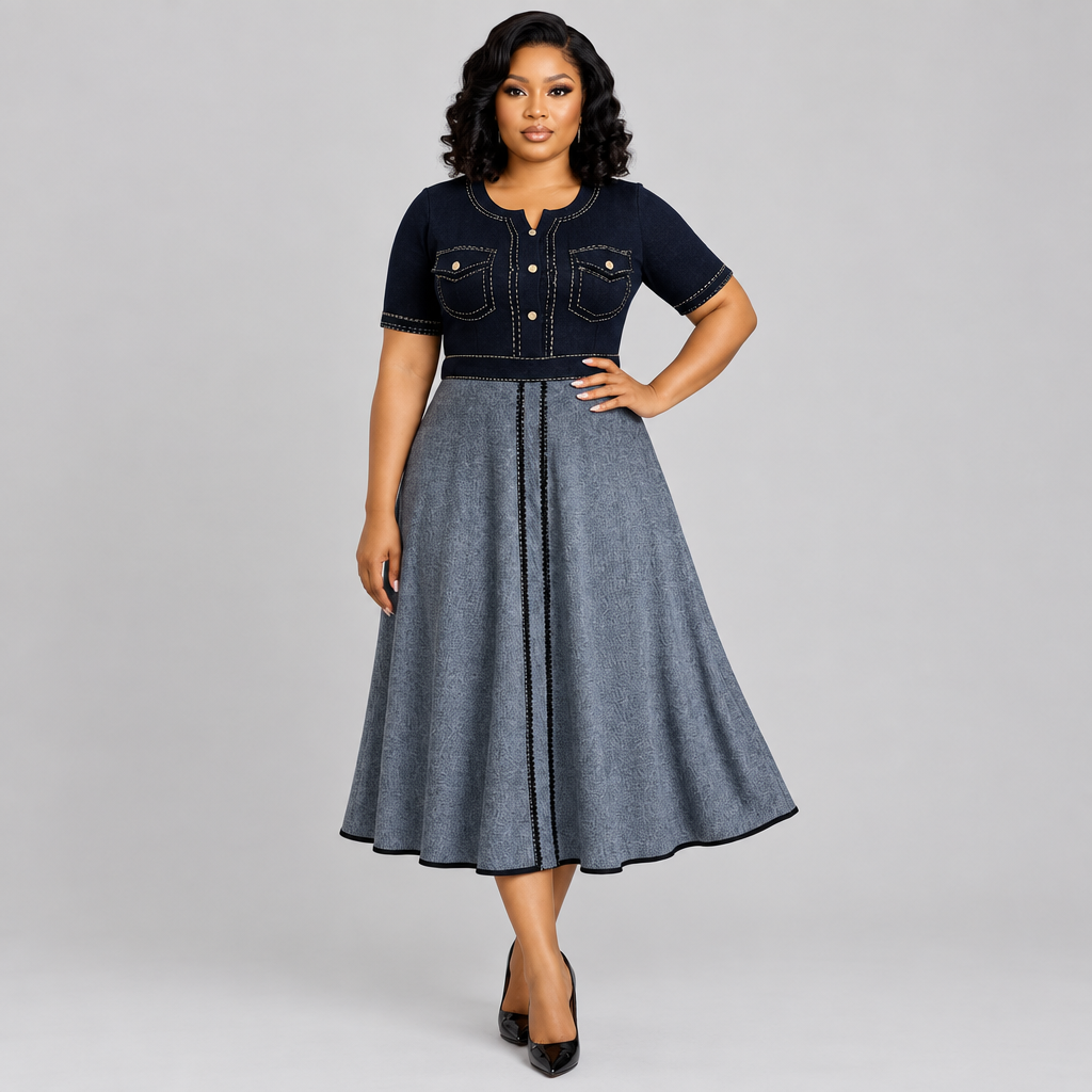 Model wearing black and grey contrast gown