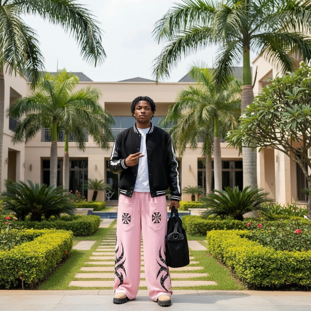 Men's Pink Tribal Flame Print Wide-Leg Sweatpants – Nigerian Male Model Shot