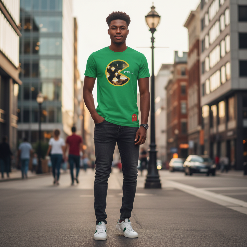 Men's Green Retro Gaming Graphic T-Shirt – Pac-Man Run Print - Model Shot
