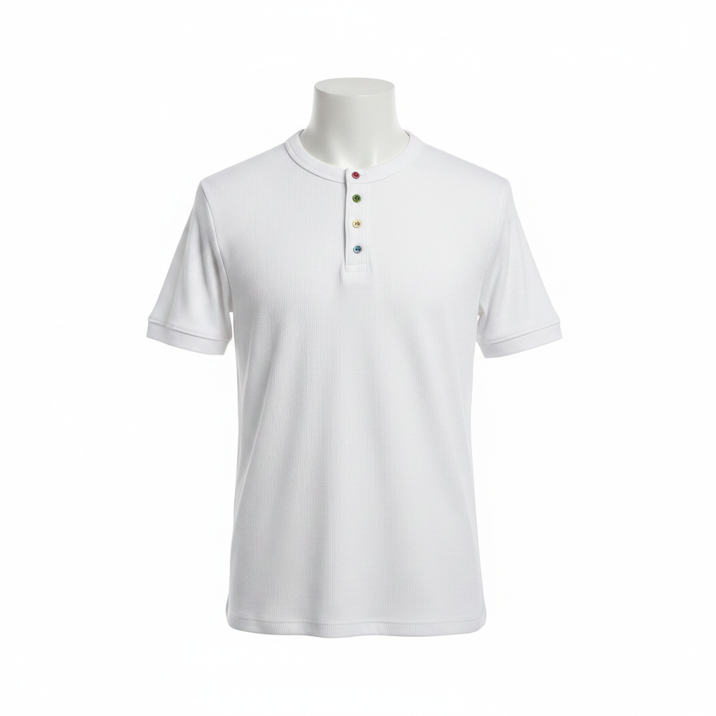 White Ribbed Henley Short-Sleeve Shirt - Ghost Mannequin Front