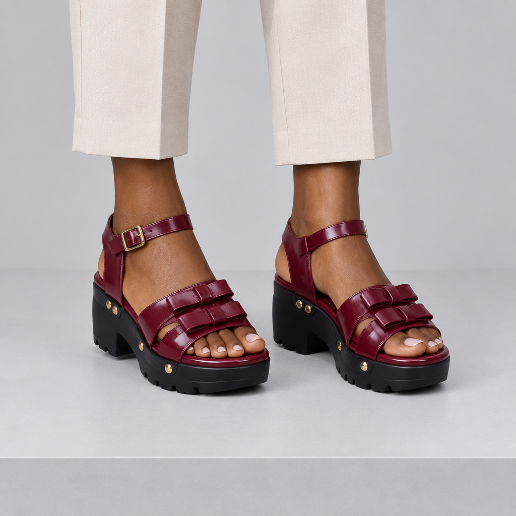 Black woman wearing burgundy multi-strap platform sandals