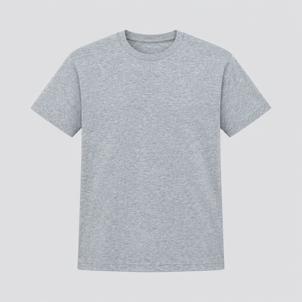 Ghost mannequin view of a grey heather basic T-shirt