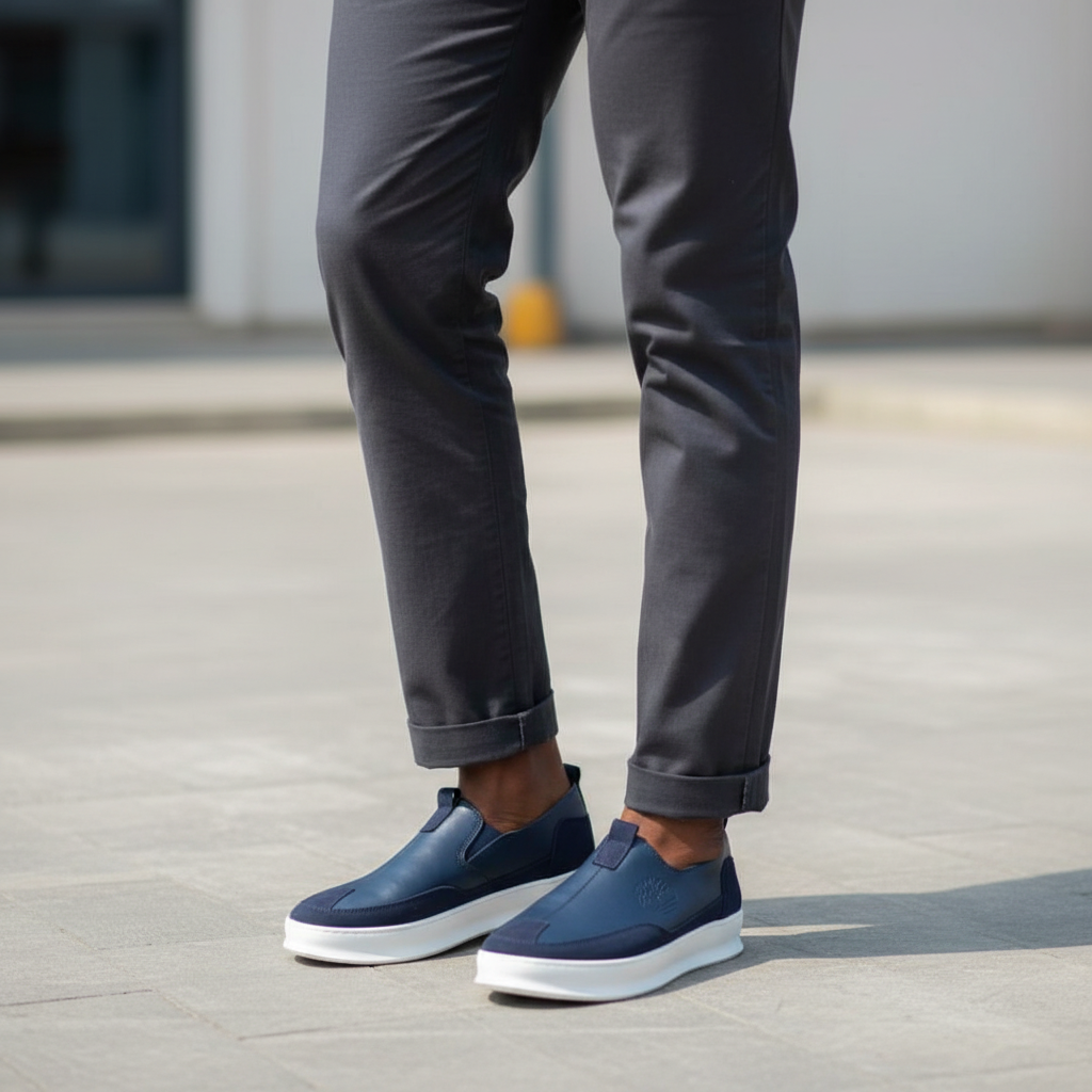 Nigerian male model wearing navy blue leather slip-on sneakers, Gen Z street style leg shot