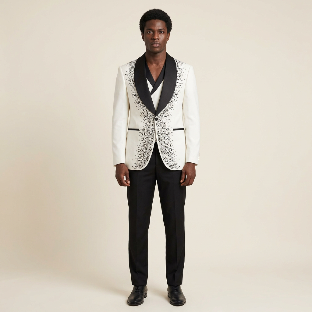 Full-body Black adult model wearing an ivory embellished jacket with black shawl lapels