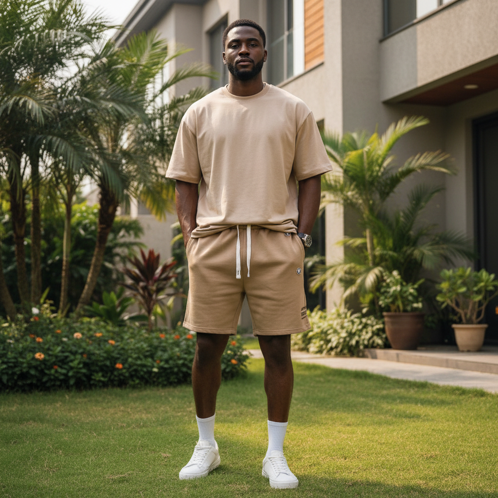 Nigerian male model wearing khaki camel fleece drawstring shorts in upscale outdoor setting