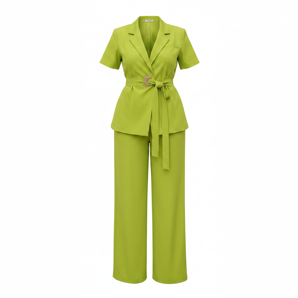 Women's short-sleeve tie-waist blazer co-ord set in lime green – ghost mannequin front view