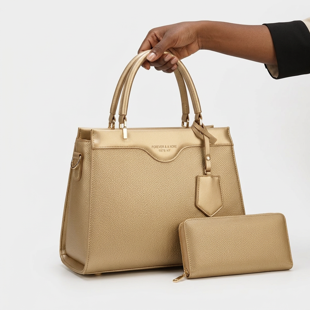 AI-generated hand-focused view of a champagne beige handbag and matching zip pouch