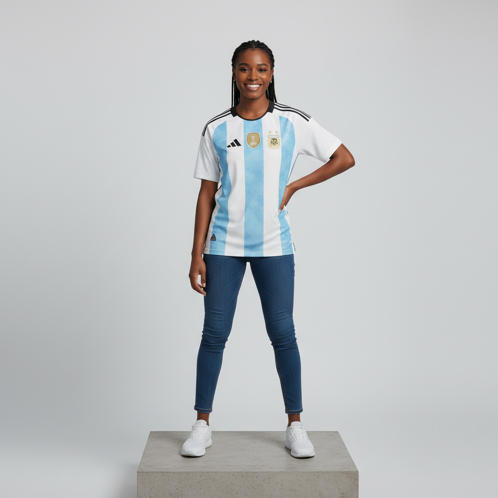Nigerian female model wearing white sky blue stripe home football jersey on concrete plinth