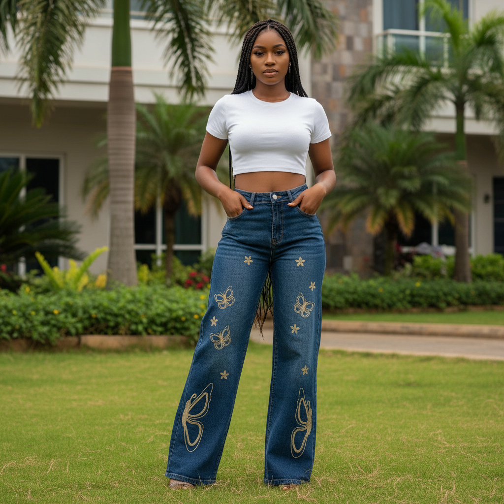 Women's Dark Blue Gold Butterfly Embroidered Wide-Leg Jeans - Model Shot