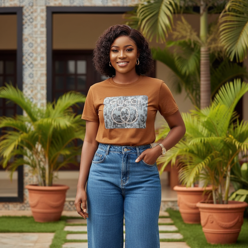 Women's Brown Graphic Crop Top — Model Shot