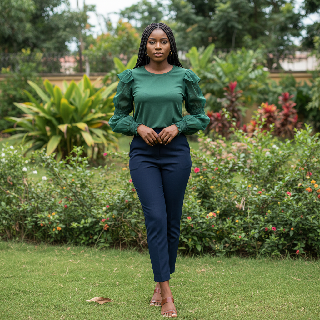 Women's forest green puff sleeve smocked cuff top - model shot