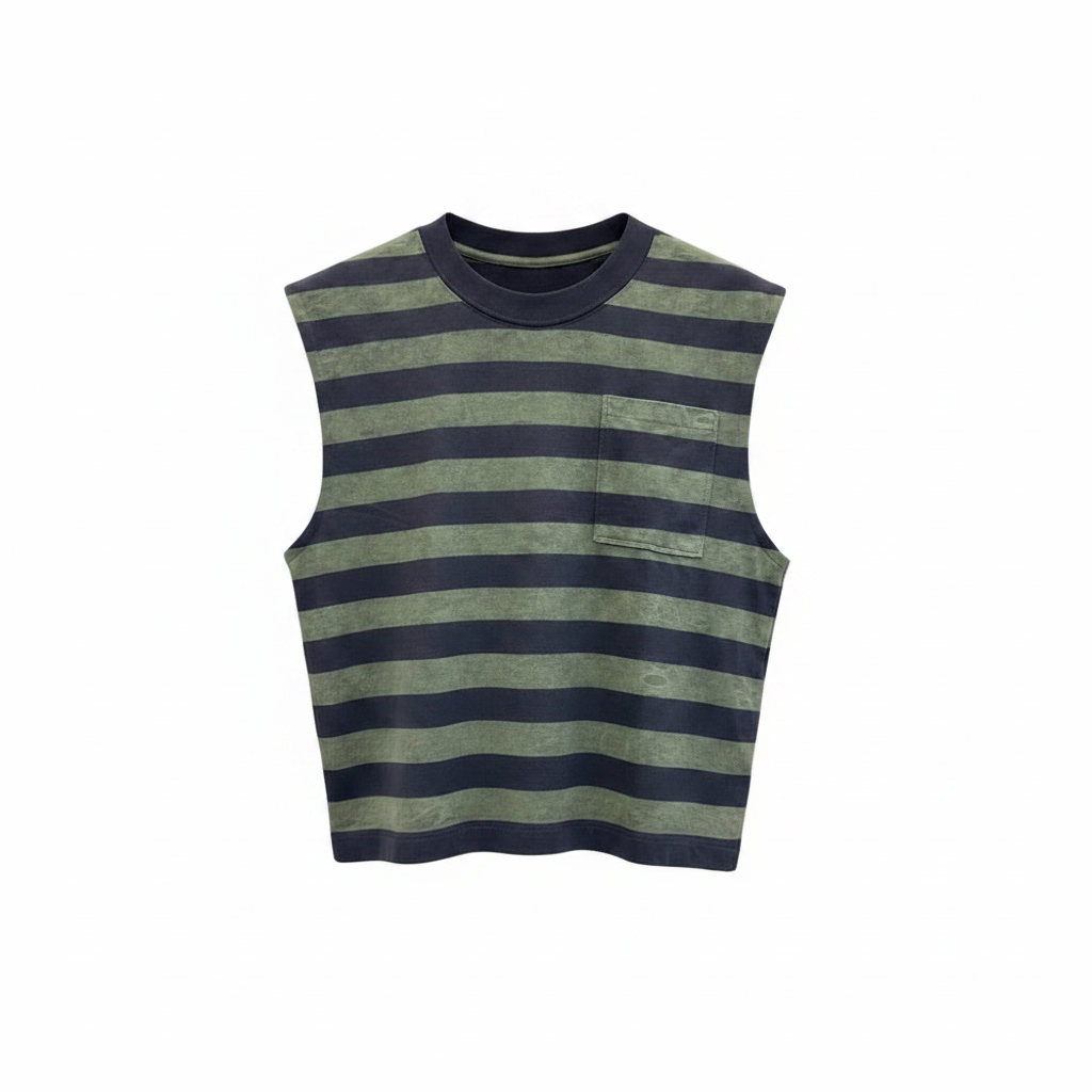 Men's olive and navy striped sleeveless vest – ghost mannequin front view