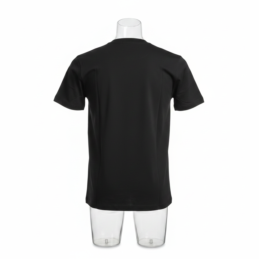 Ghost mannequin back view of black T-shirt