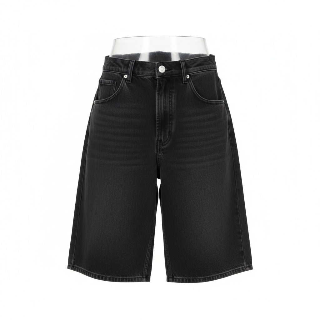 Ghost mannequin front view of black wide-leg denim jorts