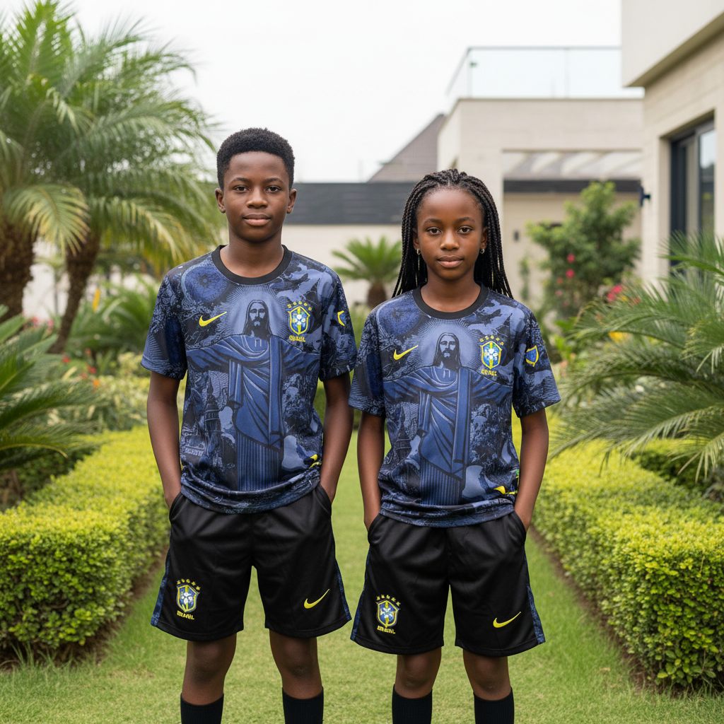 Nigerian boy and girl wearing dark navy graphic print kids football jersey and black shorts set