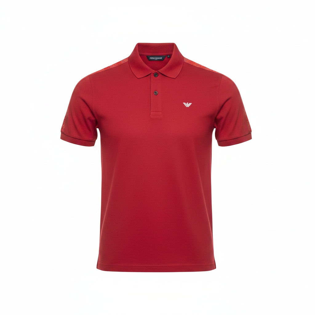 Men's red polo shirt with branded shoulder tape and eagle logo, ghost mannequin front view