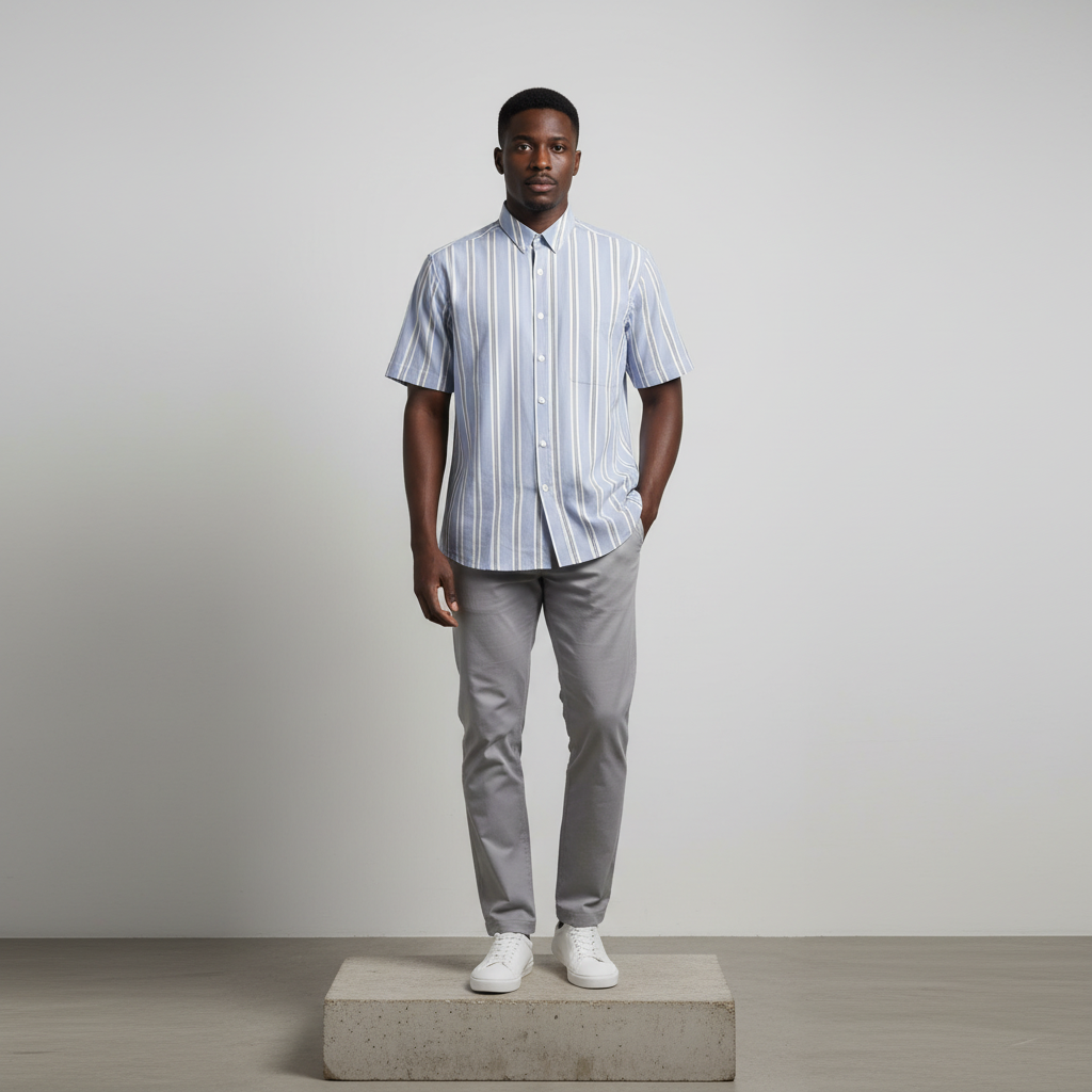 Blue White Black Multistripe Short-Sleeved Shirt - Model Shot