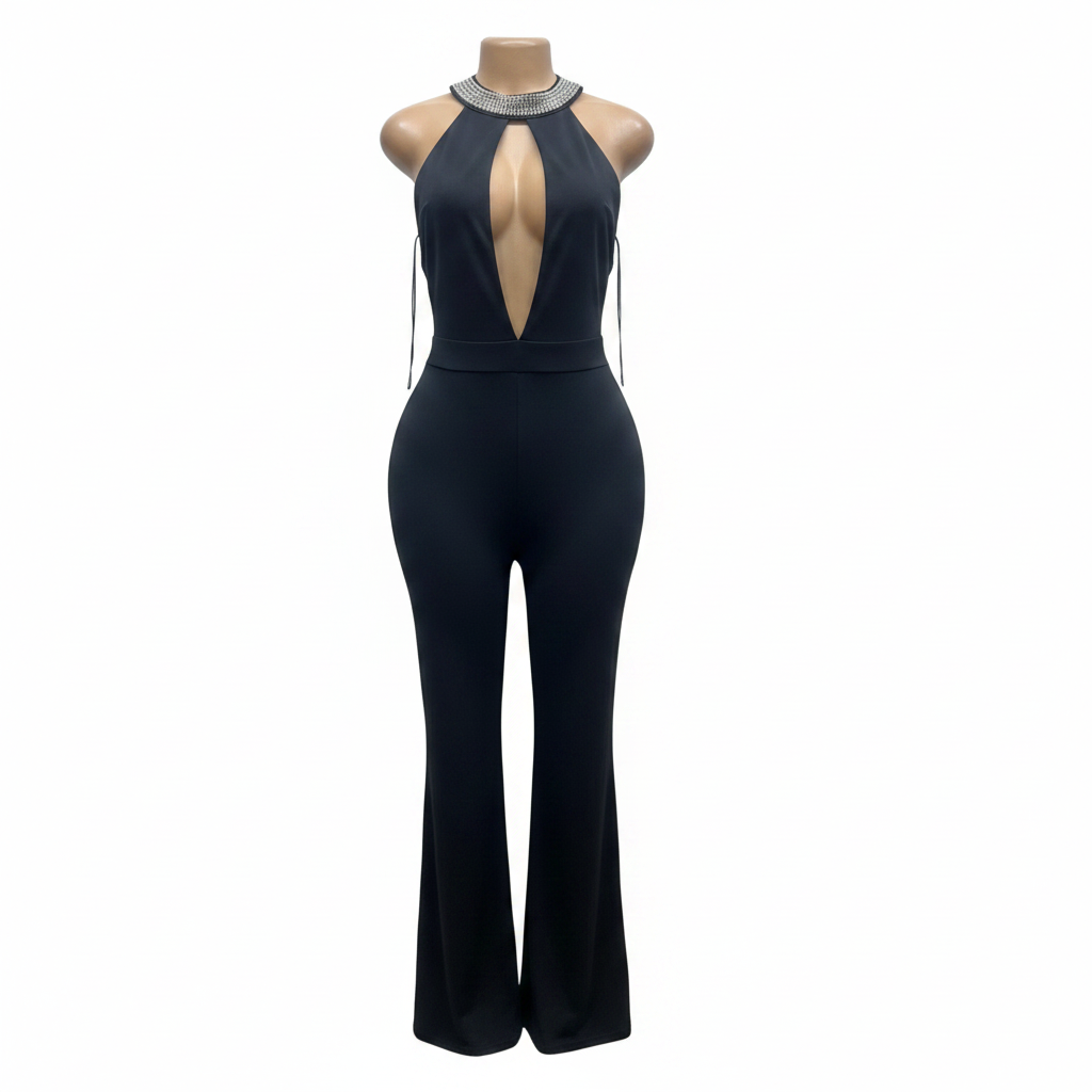 Ghost mannequin black rhinestone halterneck flared jumpsuit