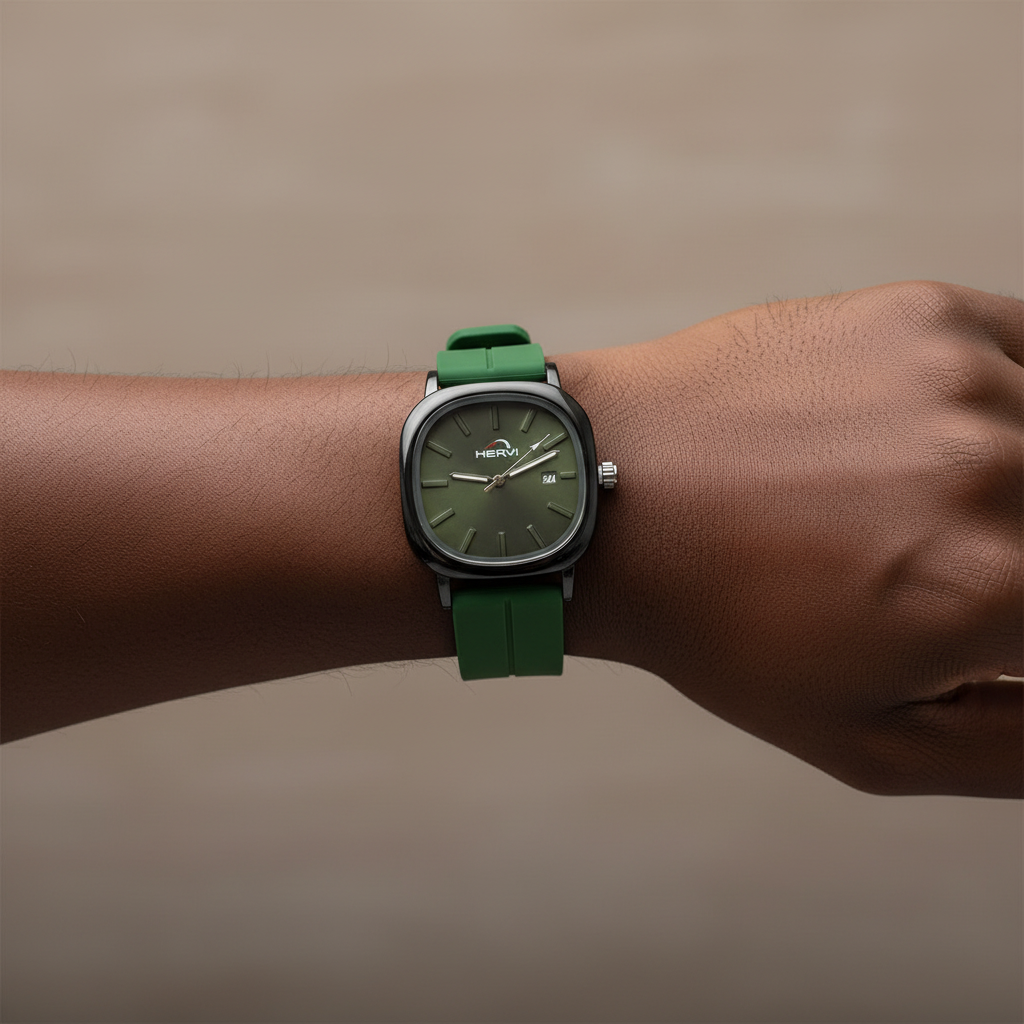 Green strap square watch worn on a wrist