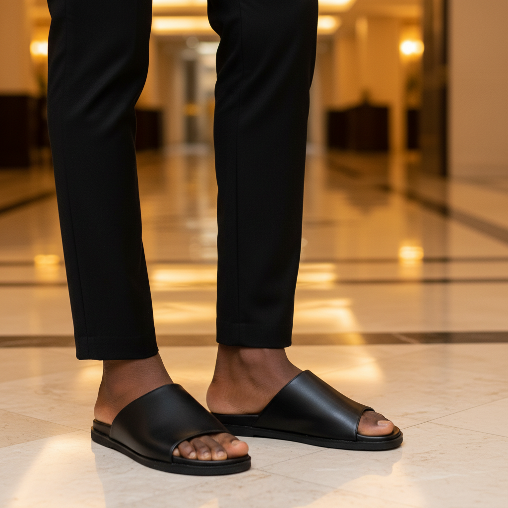 Nigerian male model wearing black smooth leather minimal open-toe slide sandals, tight zoomed-in quiet luxury leg focus lifestyle shot