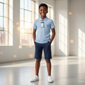 Nigerian boy model wearing light blue polo shirt
