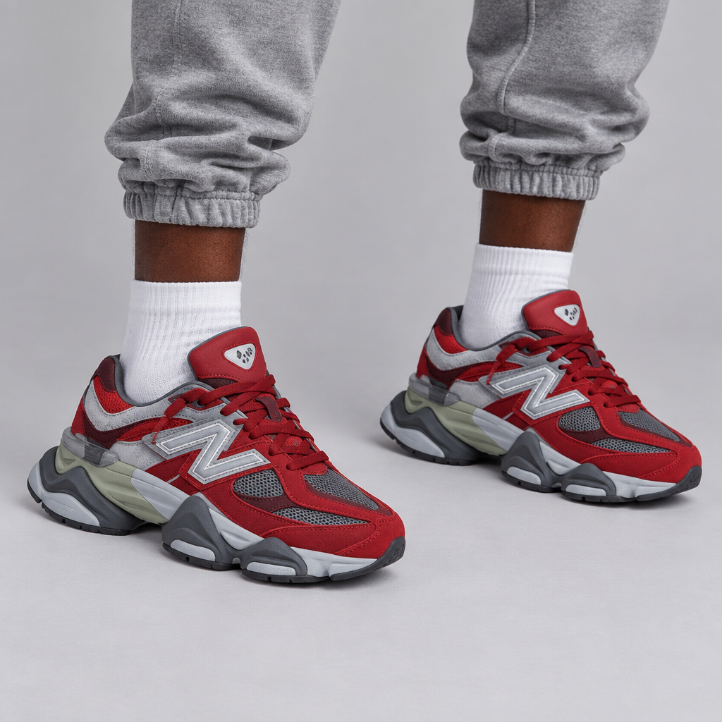 Red and gray mesh running sneakers worn by a model, shown from the legs down