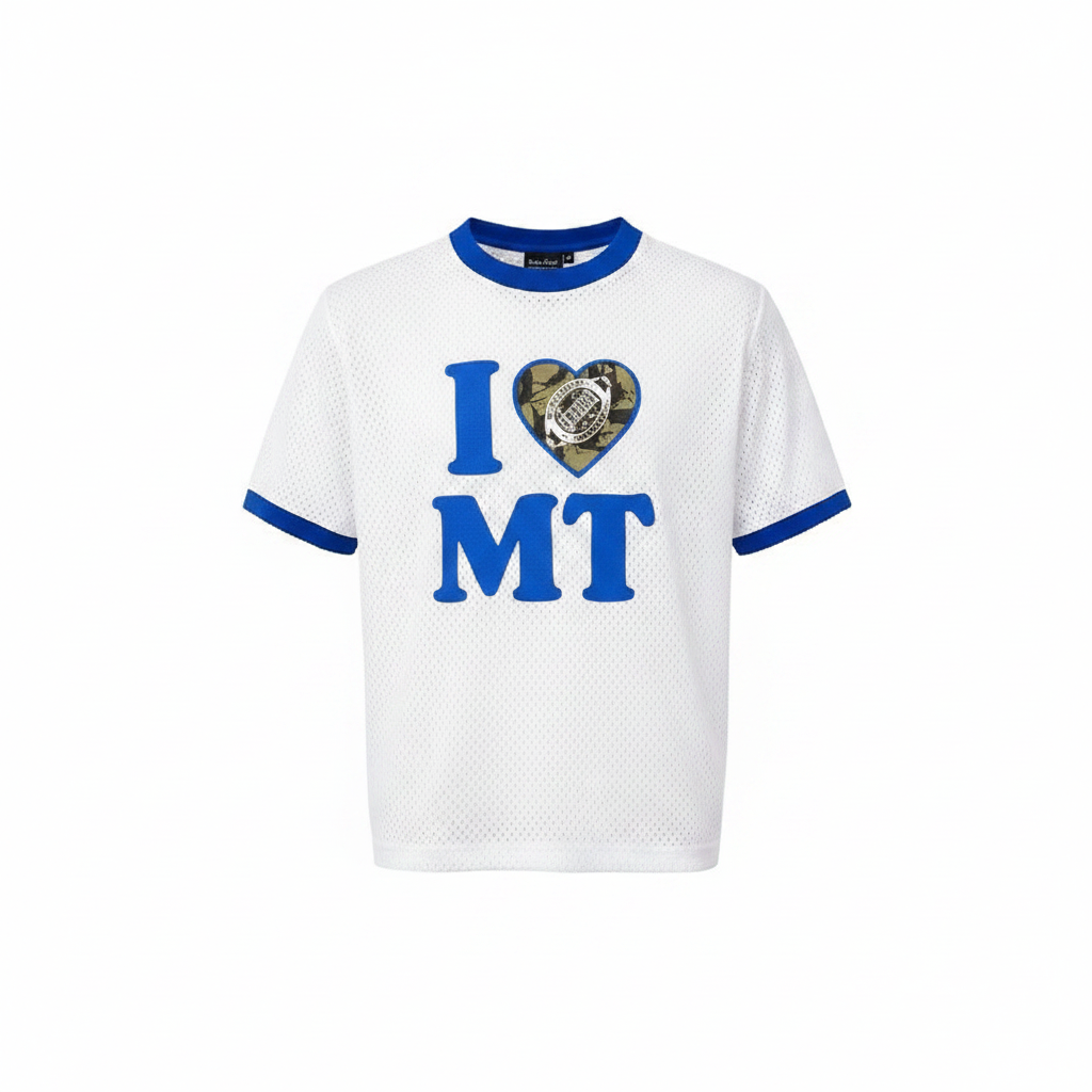 Ghost mannequin white blue ringer I love MT graphic tee