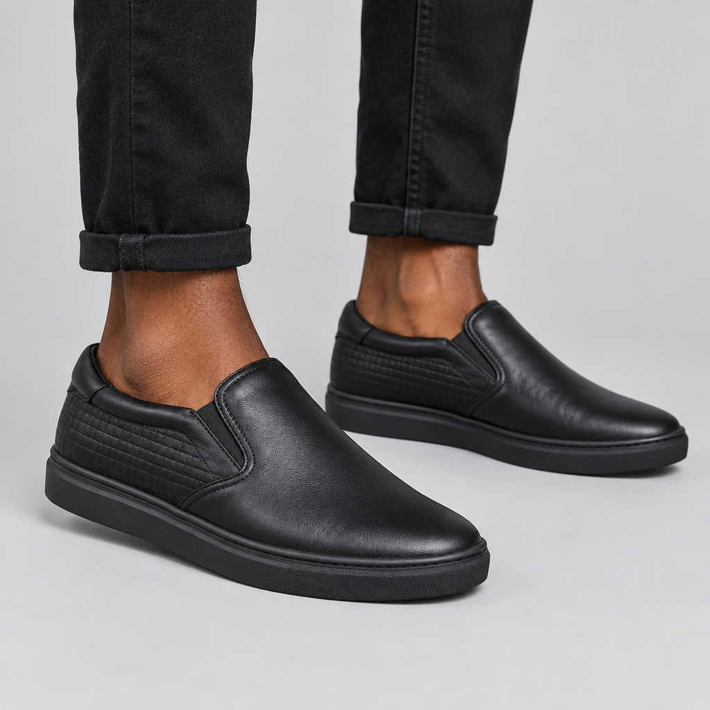Black Leather Slip-On Sneaker with Quilted Panel – Model Shot