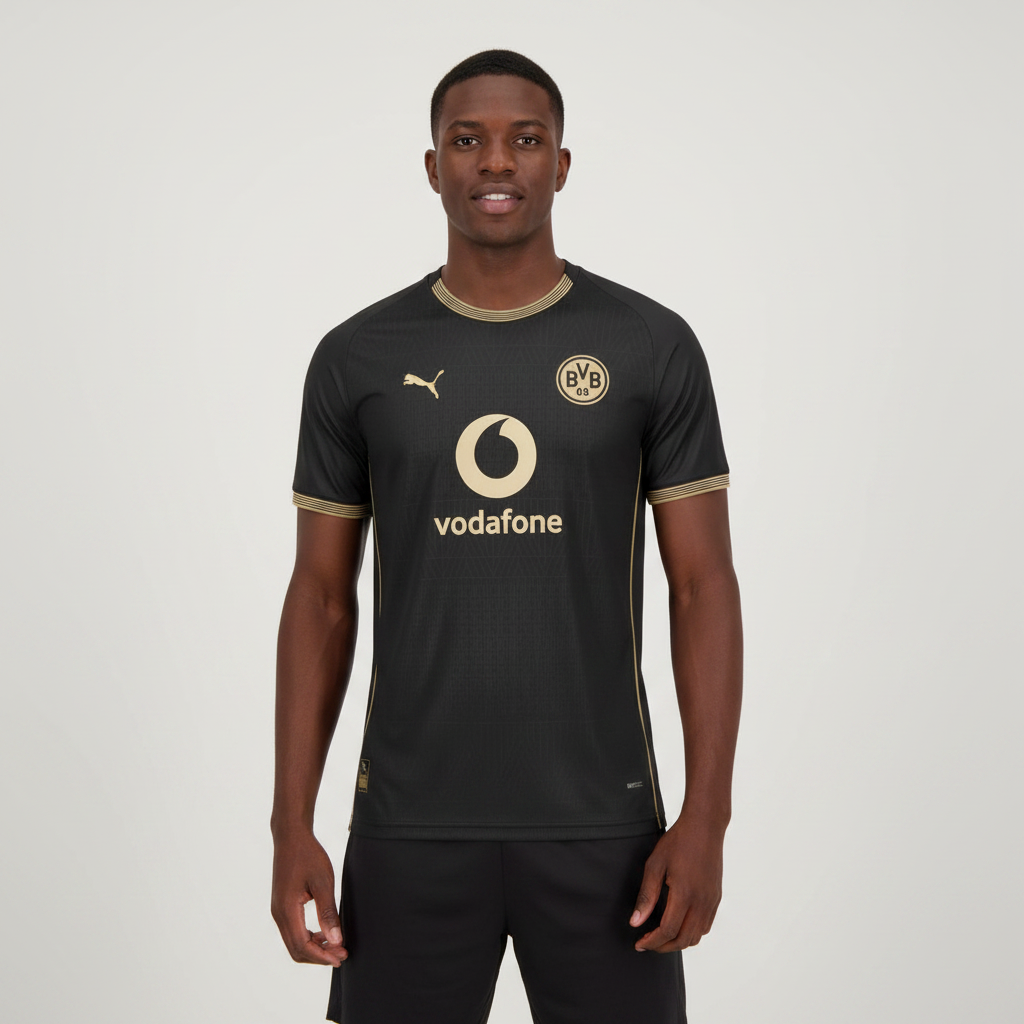 Nigerian male model wearing Borussia Dortmund away black gold jersey